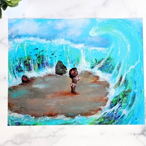 May include: A painting of a young girl standing on a small island in the ocean. The girl is wearing a pink dress and a flower in her hair. A large wave is crashing behind her. The ocean is a vibrant blue and green.