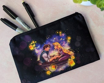 The Floating Lights Tangled Lanterns Rapunzel Flynn Rider Double Sided Canvas Zipper Pouch- Pencil Case Makeup Supplies