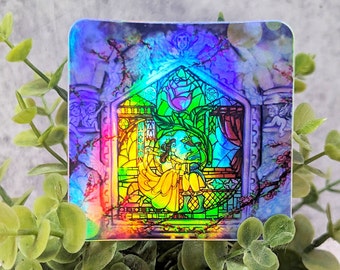 To Love a Beast- Disney Schöne und das Biest Stained Glass Fenster Verzauberte Rose Große Holographische Wasserdichte Vinyl Aufkleber
