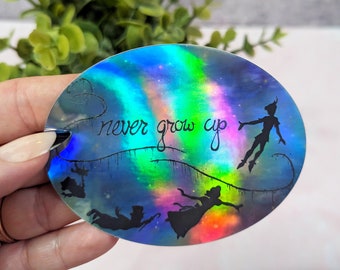 Never Grow Up- Disney Inspired Peter Pan Tinkerbell Vinyl Waterproof Sparkle Holographic Sticker