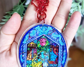 To Love a Beast- Beauty and the Beast Belle Enchanted Rose Disney Glitter Acrylic Keychain Charm