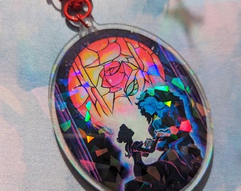 The Beauty Within- Beauty and the Beast Princess Belle Enchanted Rose Stained Glass Tale as Old as Time- Disney Holographic Acrylic Keychain