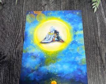 イラストレーション原画「アラジンの自由」 ホール・ニュー・ワールド - アラジンとジャスミンの魔法の絨毯の魔人