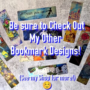 May include: A collection of colorful bookmarks featuring various Disney characters and scenes. The bookmarks are printed on a glossy paper and have a variety of designs, including a scene from The Little Mermaid, a scene from Peter Pan, a scene from The Lion King, and a scene from Beauty and the Beast. The text on the bookmarks reads "Never grow up", "Be sure to check out my other bookmark designs!" and "See my shop for more!"