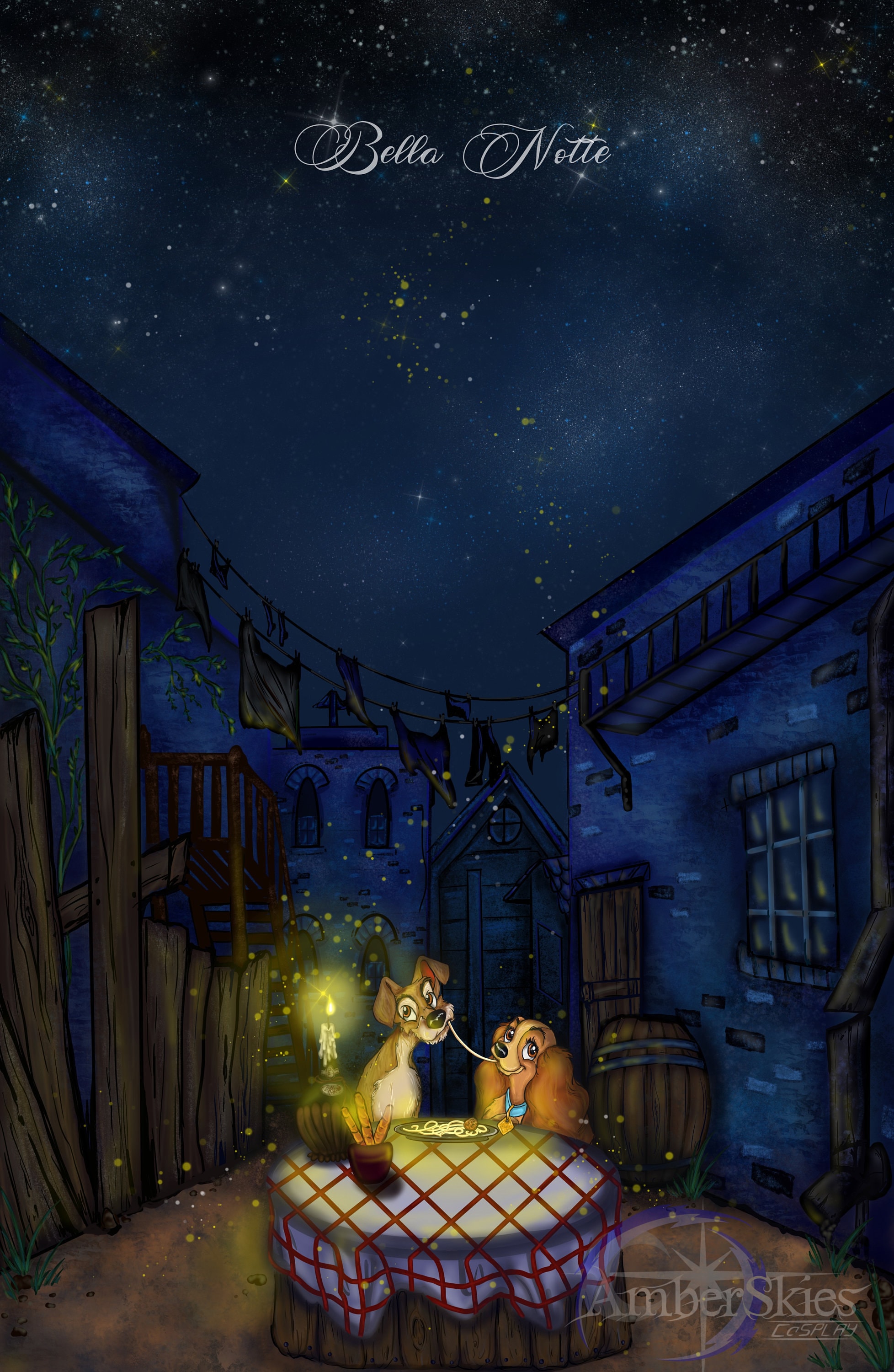 ベラ・ノッテ - わんわん物語 ディズニー犬ロマンス風アートプリント