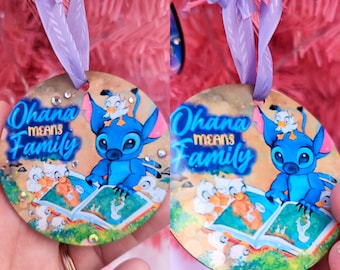 Ohana Means Family- Stitch and Ducklings Lilo and Stitch Disney Inspired Crystal Adorned Christmas Ornament