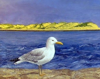 Puede incluir: Una gaviota blanca con marcas grises se encuentra en una costa rocosa, mirando hacia un cuerpo de agua azul con una isla verde amarillenta en la distancia.