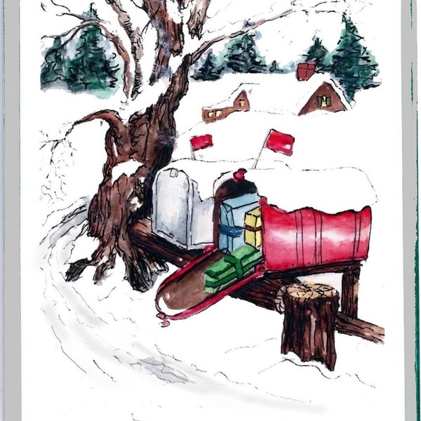 Snow Scene, 5x7" Notecards and 8x10" Art Prints, Original Art, Christmas or Holiday Mailbox Gifts, Free Shipping, Scenic Paintings