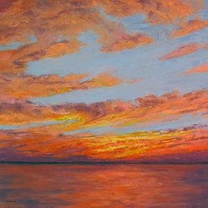 May include: A painting of a sunset over a body of water. The sky is a vibrant mix of orange, pink, and purple, with clouds reflecting the colors. The water is a deep blue, reflecting the sky above.
