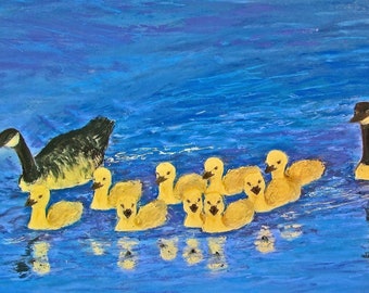 Impresión de pintura al pastel de una familia de gansos (8" x 10") y tarjeta de nota: pintura de arte del lago del vendedor, artículos para colgar en la pared, pieza única.