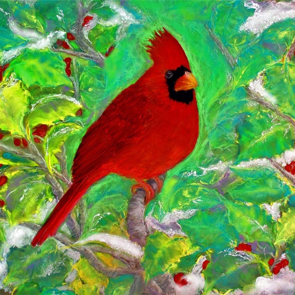 Cardinal in Holly, Notecard 5x7", Fine Art Print 8x10", Original Art, Merry Christmas/Happy Holidays, Paintings, Low Price and Free Shipping