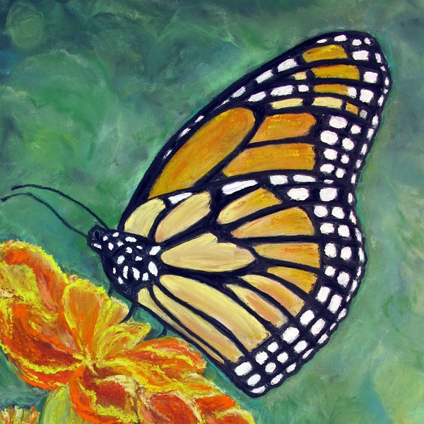 Monarch Butterfly on Marigold, 5x7" Blank Notecard, Art Prints 8x10", Original Painting, floral, deckled cards and envelope, free shipping