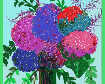 Puede incluir: Pintura de naturaleza muerta floral vibrante, con un ramo de hortensias en tonos rosa, morado, azul y rojo. Las flores están dispuestas en un jarrón verde con detalles rojos, sobre un fondo azul claro. Hojas y tallos verdes completan la composición.