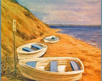 Lámina artística de botes de remos de Cape Cod (8x10) y tarjeta de notas (5x7), arte mural costero