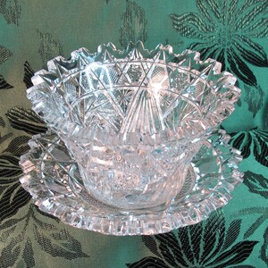 Vintage Lead Crystal Bowl & Matching Plate, Great Condition, Etched Scalloped Sawtooth Edge/Very Heavy/Diamond Star Design/Stunning Sparkle!