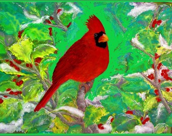 Impresión artística de cardenal y acebo, juego de tarjetas navideñas