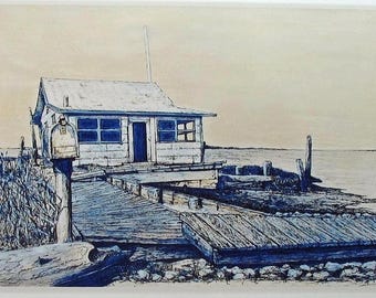 Impresión artística de una cabaña de pesca (20,3 x 25,4 cm) y tarjeta, pintura a pluma y tinta del vendedor, Seaside Barnegat Bay LBI NJ