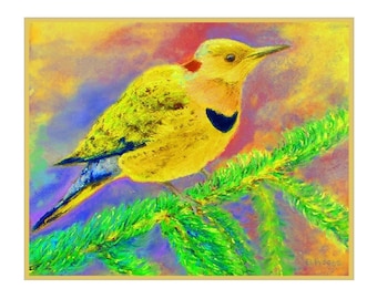 Lámina artística de pájaro carpintero en pino (20 x 25 cm) y tarjeta de felicitación - Pintura original del vendedor, adornos de pared, decoración del hogar