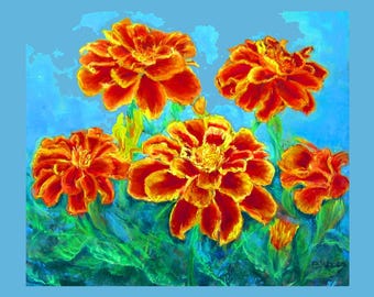 Lámina artística floral de caléndulas (20 x 25 cm) - Tarjeta de felicitación, pintura artística original del vendedor, pinturas de jardín, arte de pared