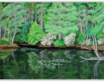 Puede incluir: Una pintura de un lago con árboles verdes y flores blancas en la orilla. El agua refleja los árboles y el cielo. El texto "MYLNE GALLERY Fine Art Prints and Notecards Original Art" está en la esquina superior derecha de la pintura.