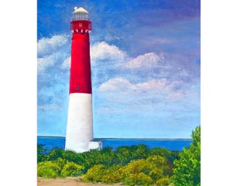 Lámina artística del faro de Barnegat (20 x 25 cm) y tarjeta (13 x 18 cm), pintura de la costa de Long Beach Island del vendedor, arte mural costero.