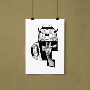 Op de afbeelding: Zwart-witte abstracte illustratie van een gestileerd gezicht met geometrische vormen en patronen. Het gezicht heeft een groot oog met een ster in het midden en hoorns aan de bovenkant.