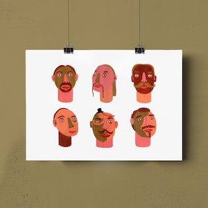 May include: Six illustrated portraits of people with different facial features and hairstyles. The portraits are painted in shades of brown, pink, and white.