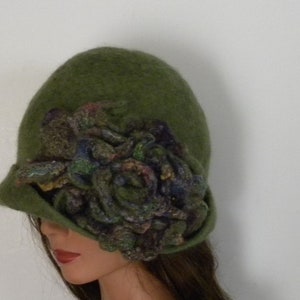 Handmade hat olive green hat wet felted hat felted cloche felt cloche hat trend woman hat hats women hat with flower art deco