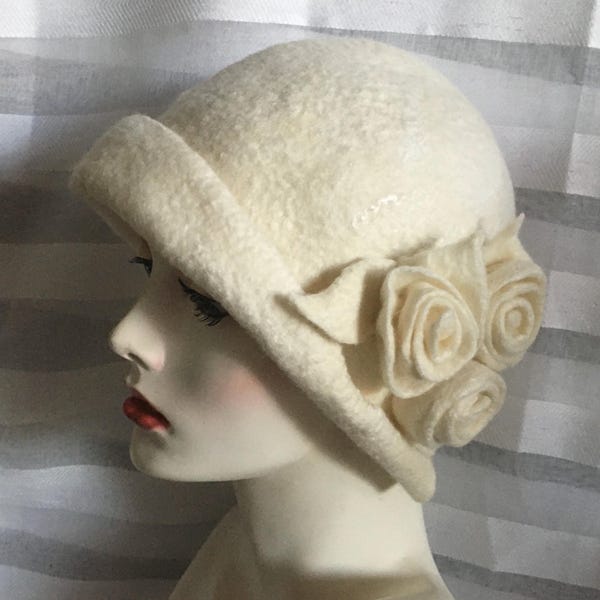 Handmade Felted Cloche Hat: Vanilla Boho Wool with Flower