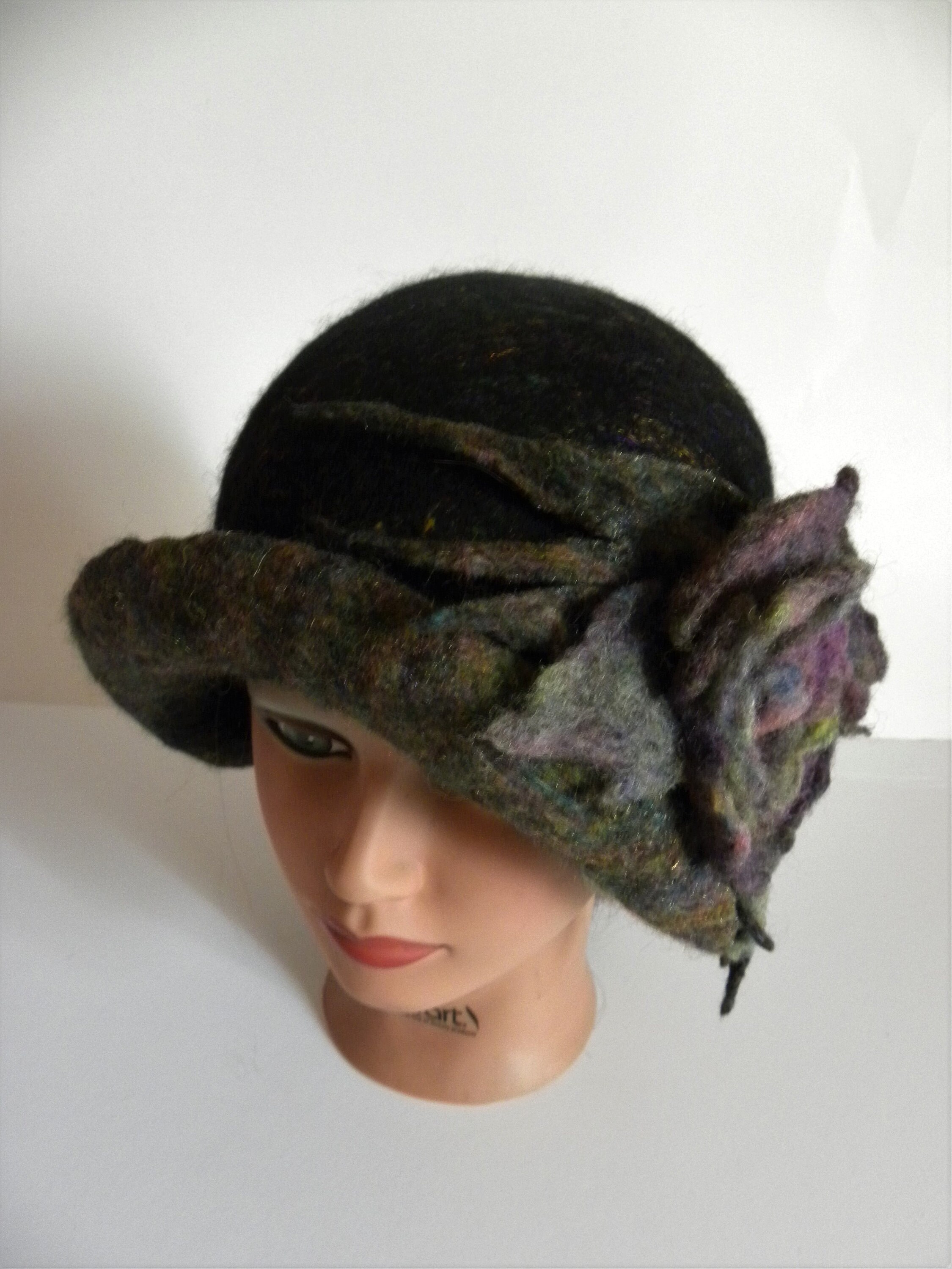 Handmade hat wet felted hat black hat flower hat felted hats Etsy