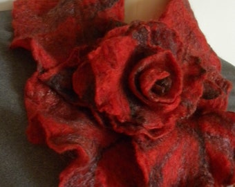 Handmade Felted Merino Wool Neck Warmer - Red Rose Collar Scarflette