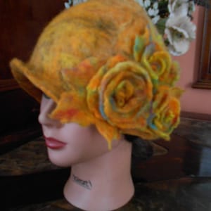 Handmade Wool Felt Cloche Hat: Orange Floral Winter Hat