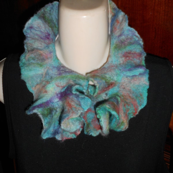 Handmade wet felted wool ombre rainbow ruffled snood wool neck warmer  wet felted neckwarmer wool collar wool cowl wool scarf art deco