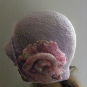 Handmade Wet Felted Cloche: Purple Wool Boho Hat with Flower