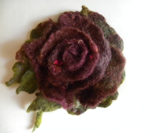 Hand made wool wine rose handmade rose wet felt rose vegan rose sweater pin rose save pin for shawl gift for her art deco