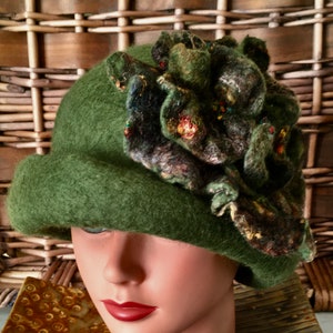 Handmade hat wet felted hat green hat boho hat felted cloche 1920 hat felt cloche hat unique hat trend women"s hat art deco