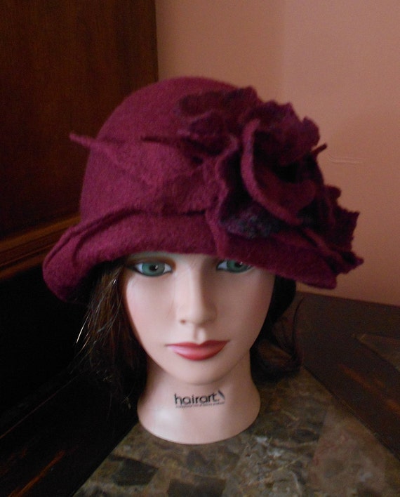 Womens hat flowers hat felt hat burgundy hat wool hat fashion | Etsy
