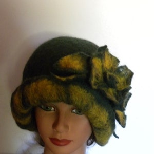 Hand felted wool green hat art deco