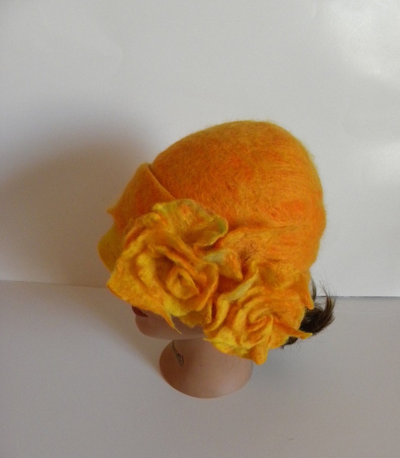 Womens hat floral hat flowers felt hat wool hat winter hat orange hat handmade hat cloche hat art felt hat handcrafted hat stylish hat