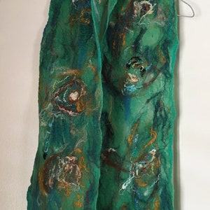 Hand Felted Merino Wool Scarf: Green Boho Cobweb Lace