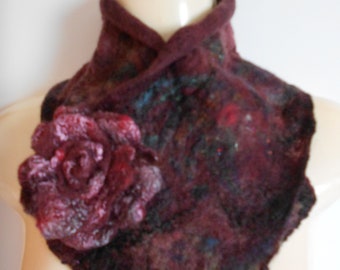 Handmade neck warmer burgundy wool scarflette with flower pin shiny collar small scarf felted neckwarmer wool collar sweather collar