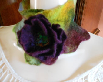 Handmade wet felted  rainbow soft ombre small scarf with flower merino wool neck warmer wet felted neck warmer wool collar sweather collar