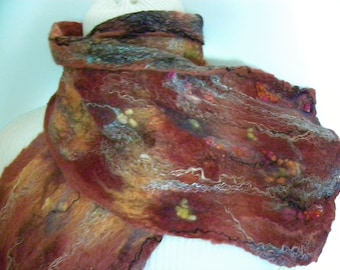 Womens accessories. Handmade Floral Felted Merino Wool Scarf - Brown