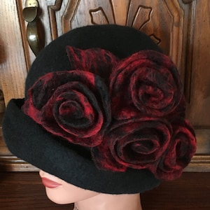 Handmade Wet Felted Cloche Hat: Black Wool Boho Art Deco