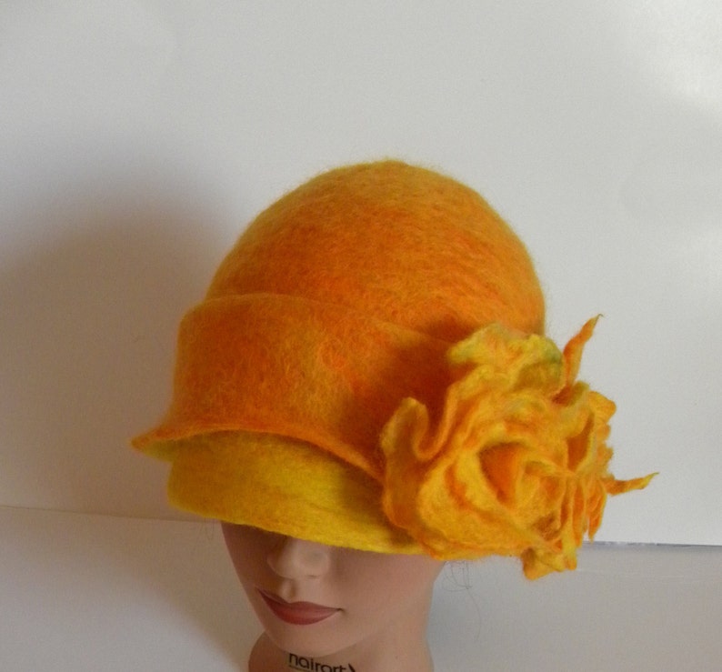 Womens hat floral hat flowers felt hat wool hat winter hat orange hat handmade hat cloche hat art felt hat handcrafted hat stylish hat
