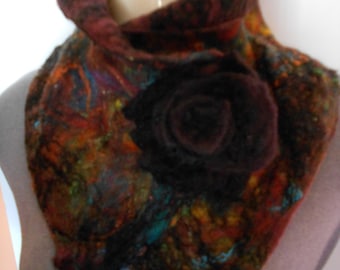 Handmade neck warmer burgundy wool scarflette with flower pin soft shiny collar small scarf felted neckwarmer wool collar sweather collar