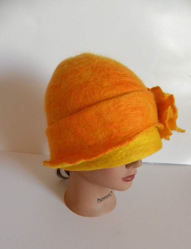 Womens hat floral hat flowers felt hat wool hat winter hat orange hat handmade hat cloche hat art felt hat handcrafted hat stylish hat