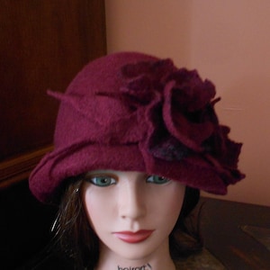 Womens hat flowers hat felt hat burgundy hat wool hat fashion hat warm hat handmade hat cloche hat art felt hat handcrafted hat stylishhat