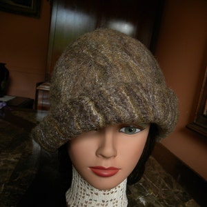 Handmade hat wet felted hat brown twead textured hat boho hat felted cloche on both sides hat felt cloche hat unique hat womens hat art deco
