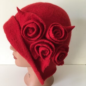 Handmade Red Felted Cloche Hat: Wool Cashmere Rose Design